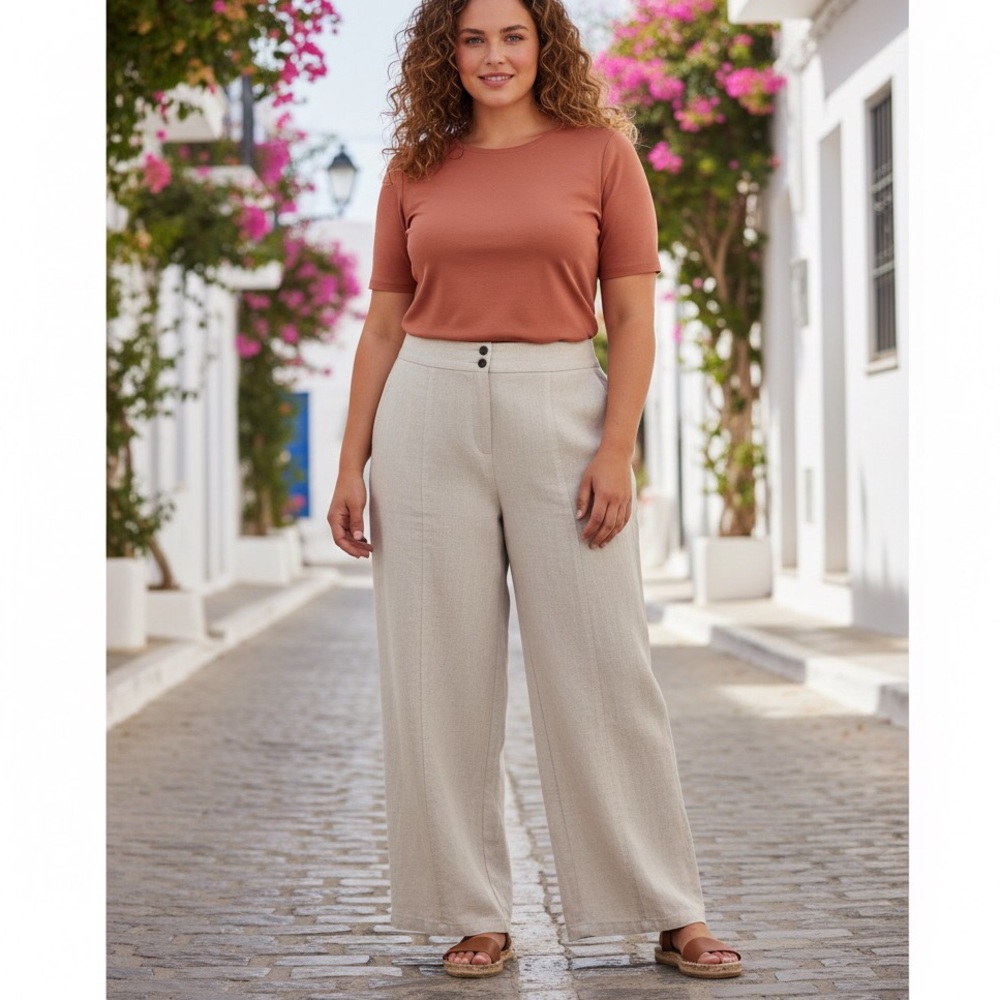 Sarah Pacini Linen Blend High Waist Wide Leg Pants Size L NWT
